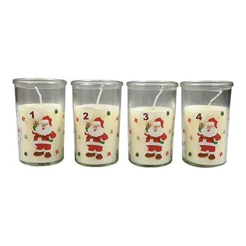 Adventsljus i glas med tomtetryck och nr 1-4, H 10cm, Vit