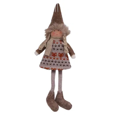 Tomteflicka med stickade kläder, H 20cm, Brun