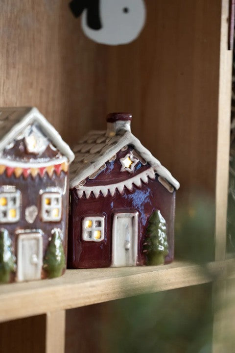 Hus fördekoration med LED, H 9,5cm, Brun