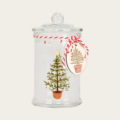 Glasburk m. julgran, H 14,5cm, Glas