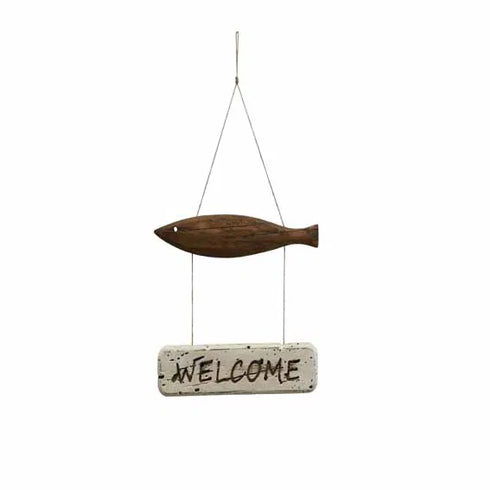 Welcome sign with a fish, H40cm, Black/white