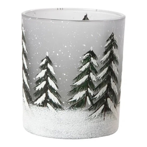 Värmeljuslykta granar, H10cm, Glas, Grön/ Vit/ Grå