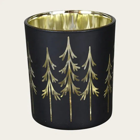 Värmeljuslykta granar, H10cm, Glas, Svart/guldfolie