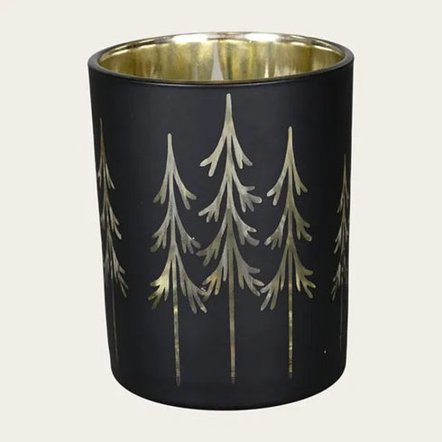 Värmeljuslykta granar, H12,5cm, Glas, Svart/guldfolie