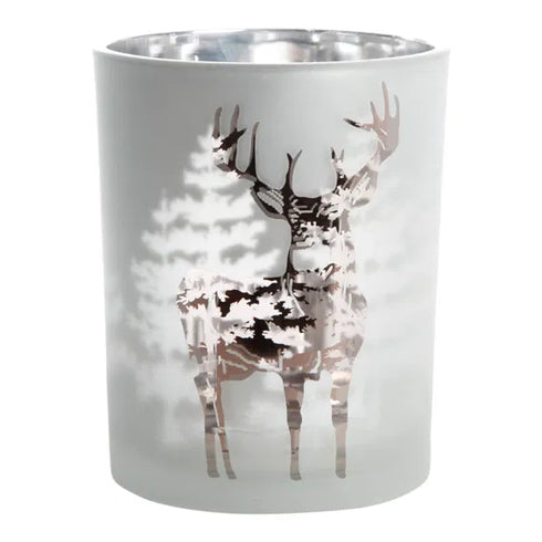 Ljusstake för värmeljus - Hjort i vinterskog, H 20cm, Vit/brun
