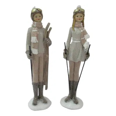 Pojke och flicka med skidor, H 22cm, 2 varianter, Rose