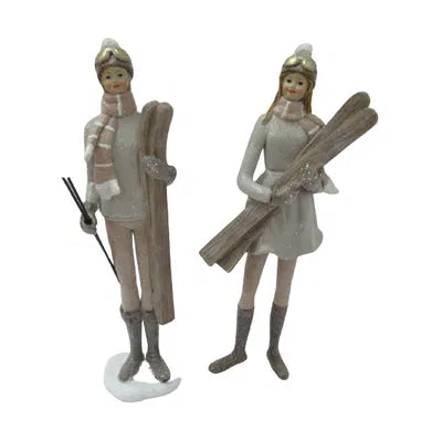 Pojke och flicka med skidor, H 31,5cm, 2 varianter, Rose