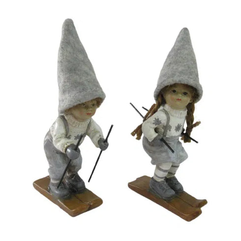 Julpojke & julflicka på skidor, H 15cm, 2 varianter, Grå