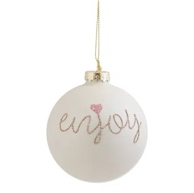 Julkula i glas, "enjoy" m. glitter, Dia8cm, Vit