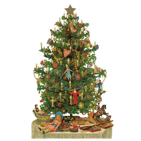 Julgran i papper, printad på båda sidorna med glitter, H 38cm, B 23cm.