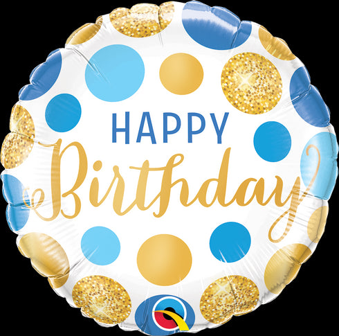 18" ROUND QX FOIL PRINT 001CT BDAY BLUE & GOLD DOTS
