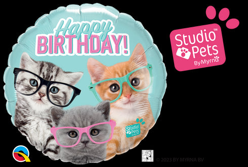 18" ROUND QX FOIL PRINT 001CT BDAY KITTENS WITH EYEGLASSES