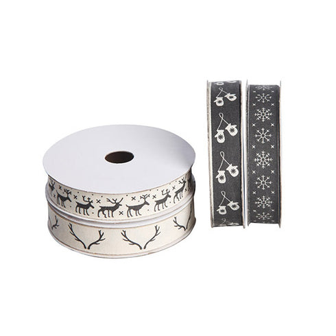 Fabric ribbon with Christmas design black / white